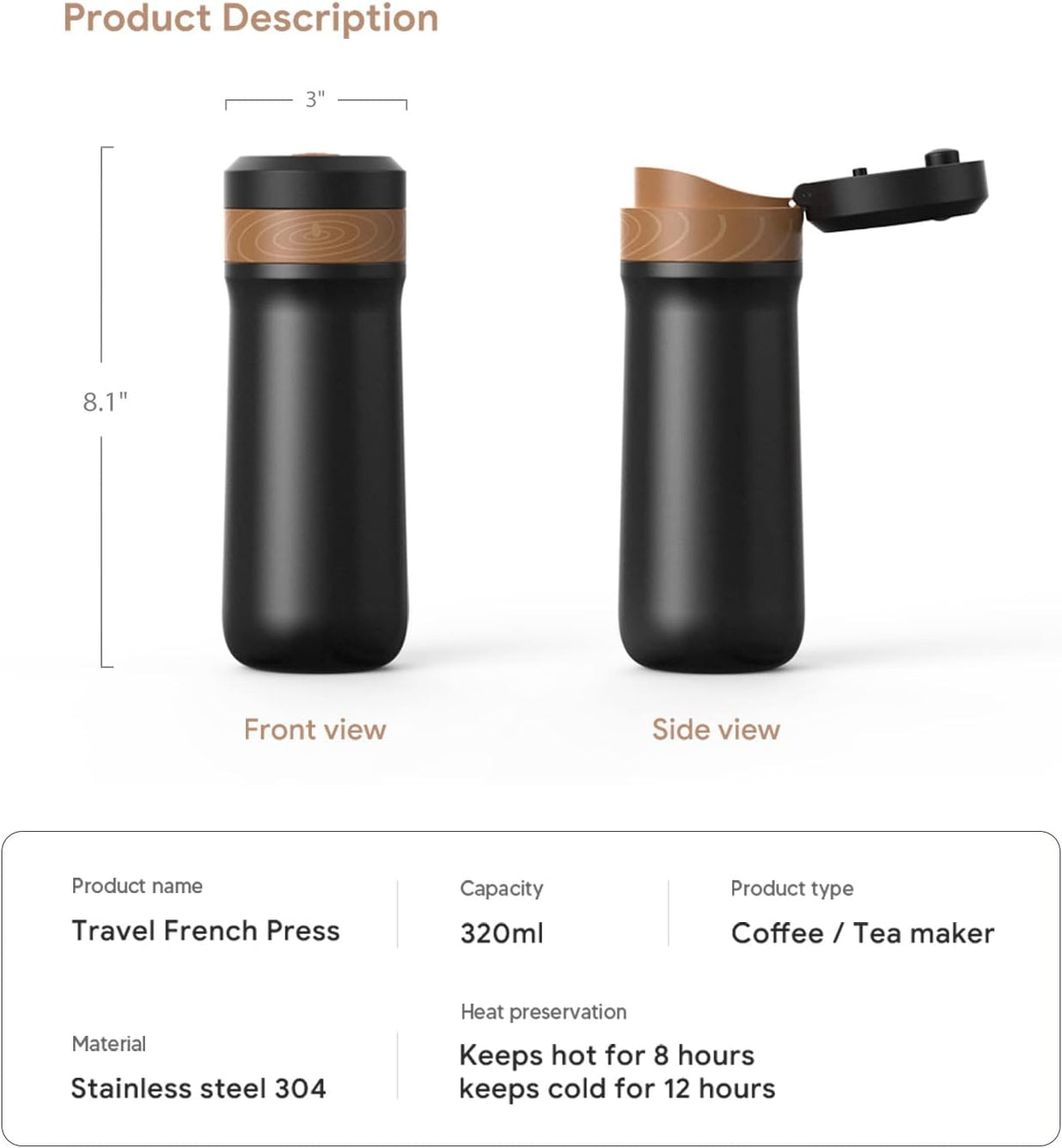 Portable French Press Travel Coffee Maker 14Oz/400G Mini French Press Mug Insulated Filter Coffee Cup Double-Layer Insulated Four-Layer Filter Mesh