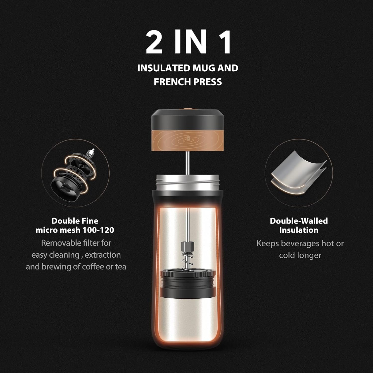 Portable French Press Travel Coffee Maker 14Oz/400G Mini French Press Mug Insulated Filter Coffee Cup Double-Layer Insulated Four-Layer Filter Mesh